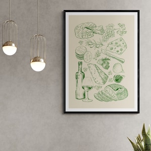 Impresión de arte digital de queso y vino, póster descargable digital, ilustración clásica y elegante colorida para pared, decoración de cocina sencilla