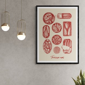 Impresión artística digital de la noche del pescado enlatado, póster descargable, ilustración elegante, clásica y colorida, arte de pared, decoración de cocina sencilla