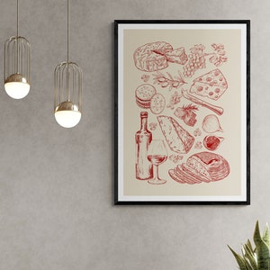 Impresión de arte digital de queso y vino, póster descargable digital, ilustración clásica y elegante colorida para pared, decoración de cocina sencilla