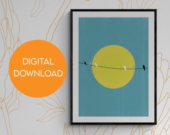 May include: A digital download of a minimalist art print featuring a yellow sun and black birds on a blue background. The print is framed and displayed above a navy blue headboard with white bedding.