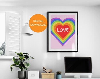 Rainbow Heart Love Art Print, Funky Nursery Decor (Digital Download)