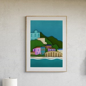 Lámina de arte costero / Póster A5 / A4 / Vacaciones en Amalfi, costa, Cornualles, Devon / Colorido, brillante, audaz, divertido y funky / Recuerdo de viaje