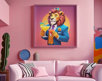 Thirsty Lion | Quirky Digital Art | Colourful, Animated Wall Art | Fun Digital Art Print (square)