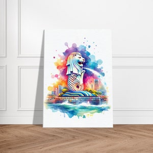 Singapore Travel Poster, Singapore Skyline, Merlion Sculpture, Southeast Asia, Singapore Wall Art Gift, Watercolours on Canvas Framed