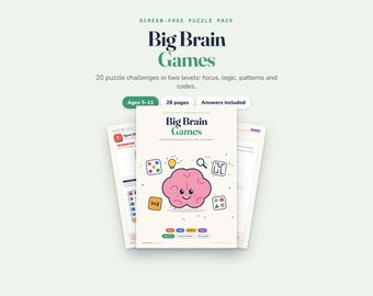 May include: A screen-free puzzle pack titled Big Brain Games featuring 20 challenges across 28 pages. The cover displays a pink cartoon brain character surrounded by icons of a cube, lightbulb, magnifying glass, and math equation.