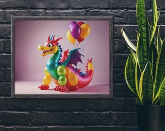 Cute Dragon Balloon Animal Print | Colourful, Retro, Ombre, Rainbow, Fun Digital Art Print | Nursery Art Print (5:4 ratio)