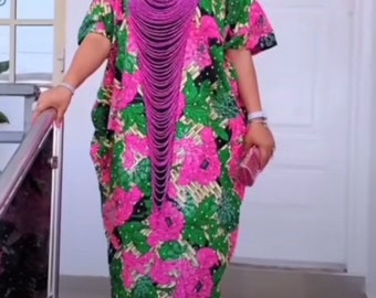 African Print Boubou Gown, Ankara Kaftan Bubu Dress, African Bubu with Beaded Neckline and Back