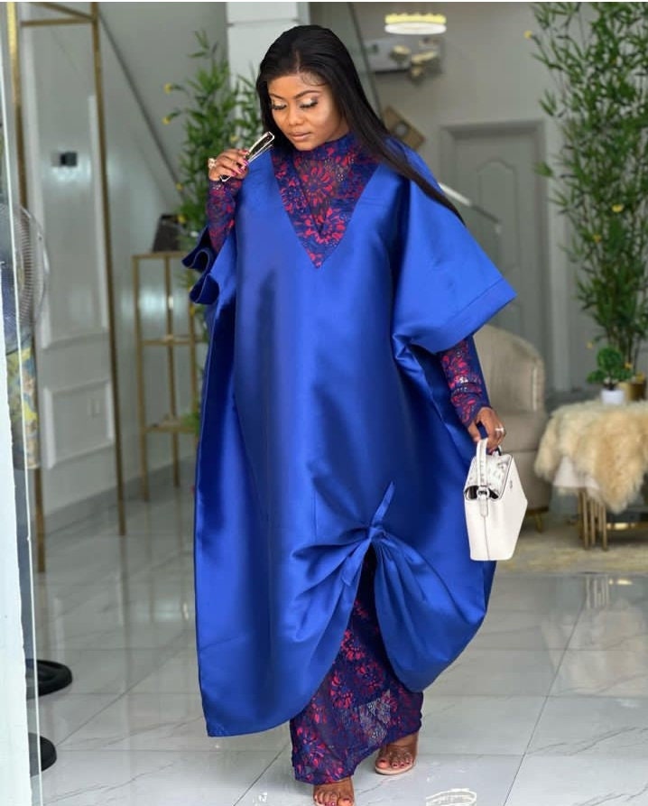DerightFS Luxury Gold & Blue Nigerian Bubu / Boubou Kaftan Dress – African Maxi Kaftan for Women Regular & Plus Size (UK 8–24) Adjustable Rope Fit Inside, Elegant Traditional Party & Occasion Outfit