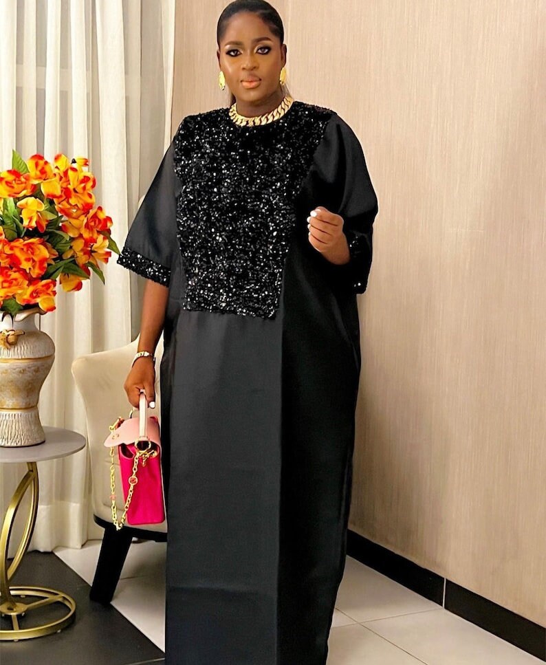 Luxury Metallic African Boubou Kaftan Dress – Full Length Plus Size Flowing Maxi Gown with Batwing Sleeves & Beaded Neckline (One Size Fits All)