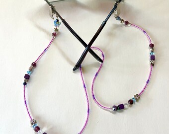 Butterflies, Ladybugs,Flowers Highlight This Purple Eyeglass Chain With Clips