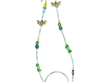 Soft Blues, Greens, Gold & Dragonflies Highlight This Eyeglass Chain With Clips - for Women/Girls