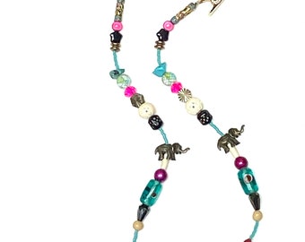 Bold Turquoise, Fuchsia, & Elephants on Eyeglass Chain w/Clips