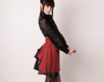 Last one ! - Plaid High Waist Red Black  One of  a Kind Victorian SteamPunk Bustle Mini Skirt- 28" Waist- Size 6 -