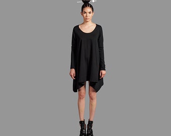 Last one! Size Small - Asymmetric Unbalanced Hemline Black Oversized  Knit Tunic Dress