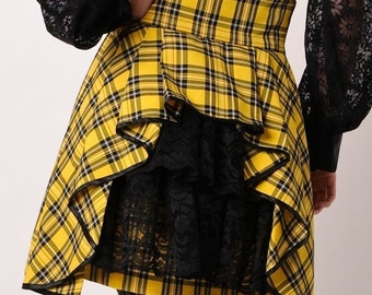 Last One ! - Plaid High Waist SteamPunk Bustle Mini Skirt  Tartan Yellow Black-   26" Waist