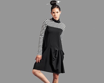 One of a Kind Black White Stripes Avant Garde Drapes Turtle Neck Knit Dress - Sale- Size Small