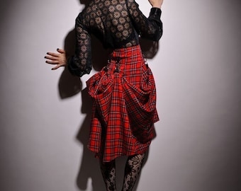 SteamPunk Plaid Black Red Tartan Bustle Victorian Custom Made Bondage Skirt