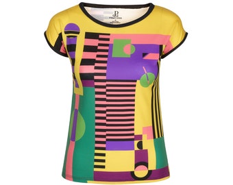 Sale- XS- Women's Multi Color Geometric Print Slim Fit Tee