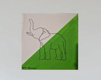 Toile peinte éléphant vert, minimaliste, dessin one line, dessin en un trait, portrait animaux, forme géométrique, tableau acrylique