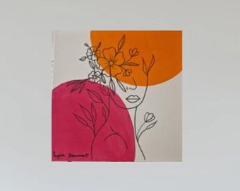 Toile peinte femme et fleurs, minimaliste, dessin one line, dessin en un trait, portrait femme, forme géométrique, tableau acrylique