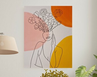 Tableau minimaliste, rose jaune et orange, femme avec des fleurs, penture acrylique, bouquet de fleur