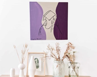 Peinture sur toile carrée, peinture acrylique, femme avec un livre sur la tête, nuance de violet, dessin minimaliste, pièce unique