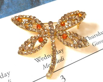 Vintage Art Deco Paste & Gold Gilt Dragonfly Brooch, Pot Metal, Crystal Dragonfly, Topaz Crystal, Orange Crystal, Figural, Insect, Summer