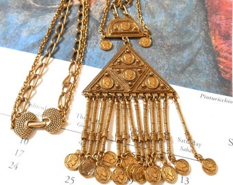 Vintage Romanesque Goldette Gold Coins Necklace, Gold Gilt, Dangly Coins, Art Deco, Egyptian Revival, Statement, Two Chains, Napoleon Coins