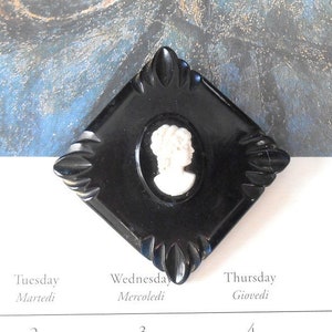 Vintage Victorian Revival Black Carved Bakelite Cameo Brooch - black cameo, white cameo, carved cameo, woman profile, mourning, memento mori