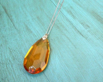 Vintage Art Deco A & Z Sterling Silver Filigree Amber Glass Drop Necklace - Faceted Amber Drop, Citrine Glass, Honey Glass, Teardrop Pendant