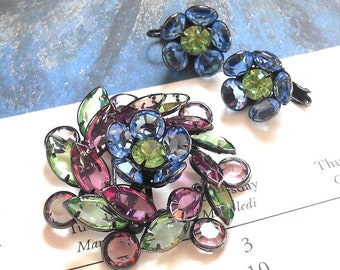 Vintage Japanned Open Back Swarovski Crystal Flower Brooch & Clip On Earrings - Pastel Crystal, Pink Rose, Light Amethyst, Sapphire, Peridot