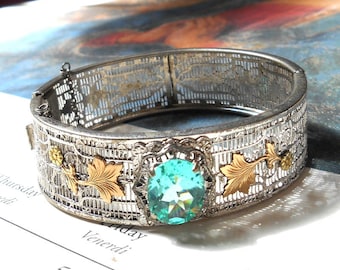 Vintage Art Deco Romar Quality Silver Filigree, Gold Gilt Leaves, Open Back Aquamarine Glass Hinged Bracelet, Oval Aqua Crystal, Gold Flower