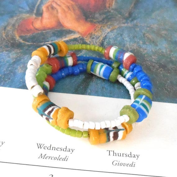 Vintage African Trade Bead Wrap Bracelet, Sandcas… - image 2