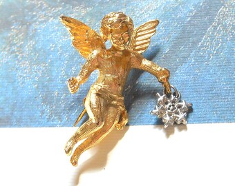 Vintage Eisenberg Ice Gold Angel with Dangling Silver Snowflake Brooch - Winged Angel, Angel Pin, Christmas Holiday Jewelry, Figural