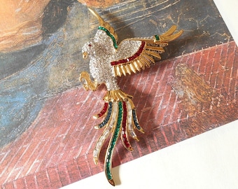 Vintage Large Swarovski Crystal Gold Bird Brooch, Pave Rhinestones, Siam Red, Montana Blue, Emerald Green, Claws, Long Plumes, Tail Feathers