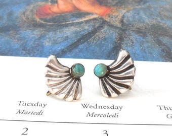 Vintage Taxco Sterling Silver Turquoise Cabochon Screw-back Earrings - Signed Taxco 39, Mexico, Mexican Silver, Sterling Fan, Sterling Wing