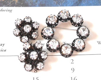 Vintage Japanned Open Back Swarovski Crystal Circle Brooch & Clip On Earrings, Cluster Earrings, Made in Austria, Black Metal, Infinity