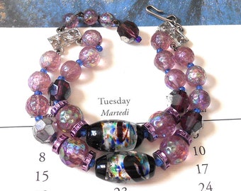 Vintage Hobe Double Strand Purple Bead & Venetian Art Glass Bracelet - two strand, iridescent bead, foiled glass, amethyst crystal, rondelle