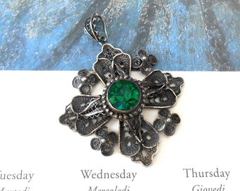 Antique Sterling Silver Filigree & Emerald Green Glass Jerusalem Cross Pendant, Maltese Cross, Gothic, Cannetille, Five Crosses, Large Cross