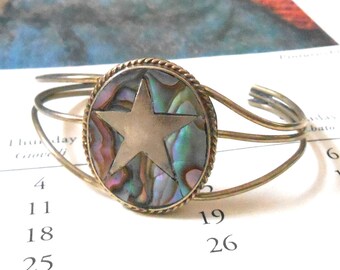 Vintage Silver Star & Inlaid Paua Shell Adjustable Cuff Bracelet - Star Cuff Bracelet, Paua Cuff Bracelet, Handmade Cuff Bracelet, Souvenir