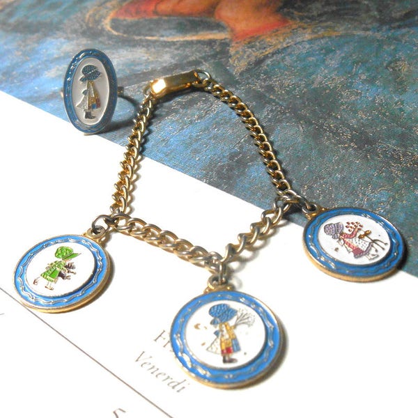 Vintage Holly Hobbie Charm Bracelet & Adjustable Ring - Little Girls, Holly Hobby, American Greetings Corp, AGC, Blue Bonnet, Little House