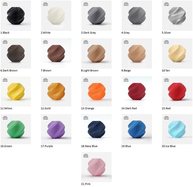 May include: A collection of twenty-one decorative, spherical objects in various colors, including black, white, gray, brown, yellow, orange, red, green, purple, blue, and pink. Each object has a spiral design and a smooth finish.