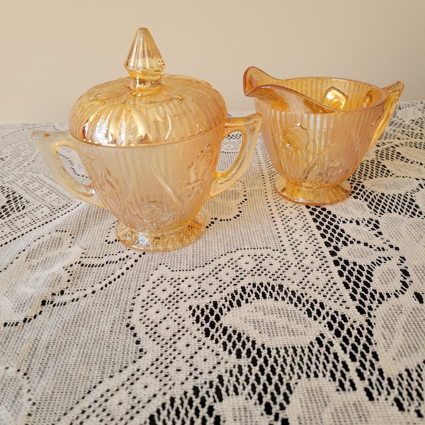 Iris and Herringbone Depression glass footed creamer, sugar bowl and cover, Iridescent color