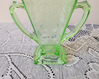 Lorain Basket green depression glass footed sugar bowl