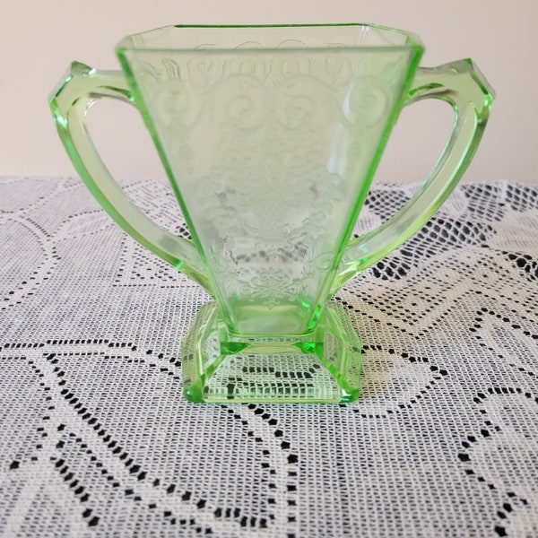 Lorain Basket green depression glass footed sugar bowl