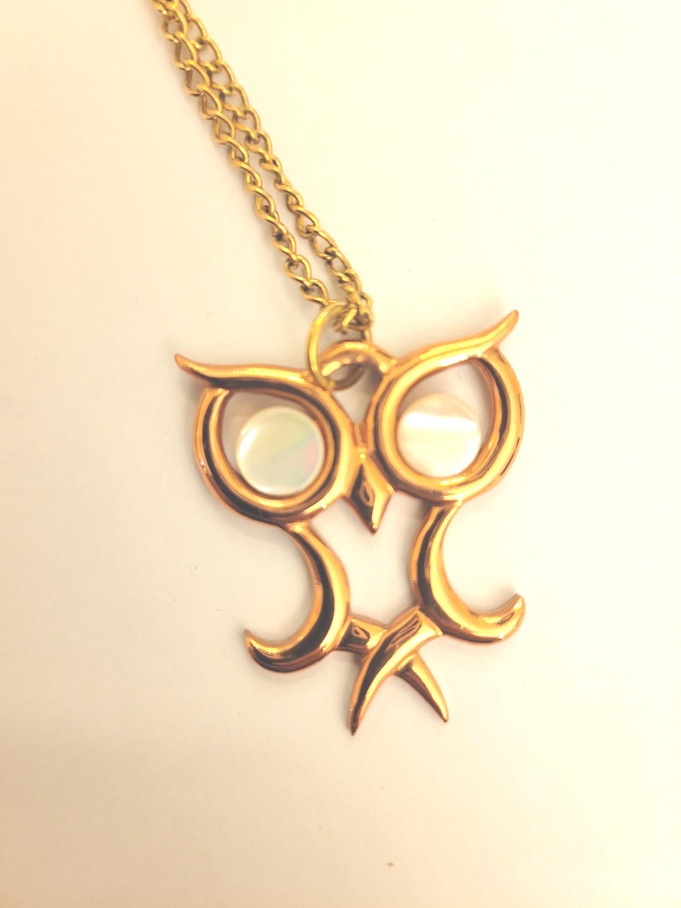 Vintage copper owl pendant with mother-of-pearl eyes