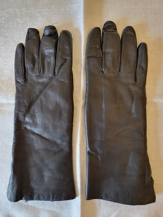 Vintage rabbit fur lined black leather gloves