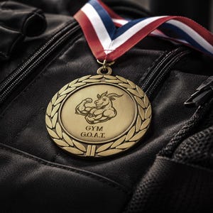 May include: A gold-colored medal with a red, white, and blue ribbon rests on a black gym bag. The medal features a muscular goat and the text "GYM G.O.A.T." surrounded by a laurel wreath. Other gym accessories are in the background.