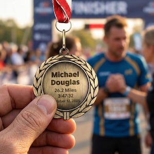 カスタムマラソンメダル | 名前とイベントの詳細を刻印したパーソナライズされたランニングレース賞