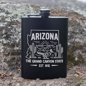 Custom Black Flask with State Cityscape – 8 oz Engraved Metal Hip Flask – Personalized Gift for Him – State Flask – Groomsmen or Travel Gift